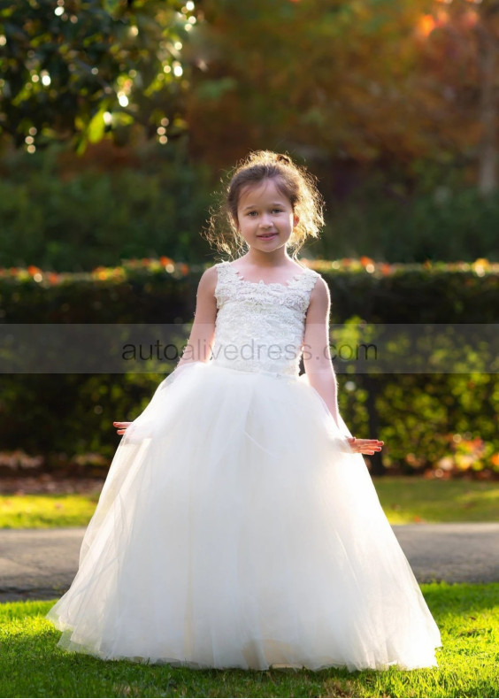 Beaded Ivory Lace Tulle Corset Back Long Flower Girl Dress Beaded Ivory Lace Tulle Corset Back Long Flower Girl Dress